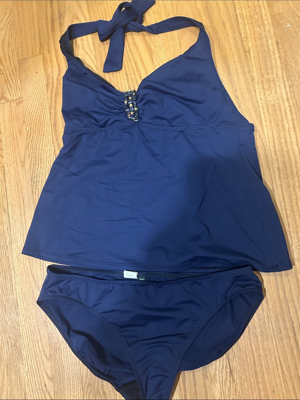 Ralph Lauren Navy Halter Tankini Set with Beaded Accent
